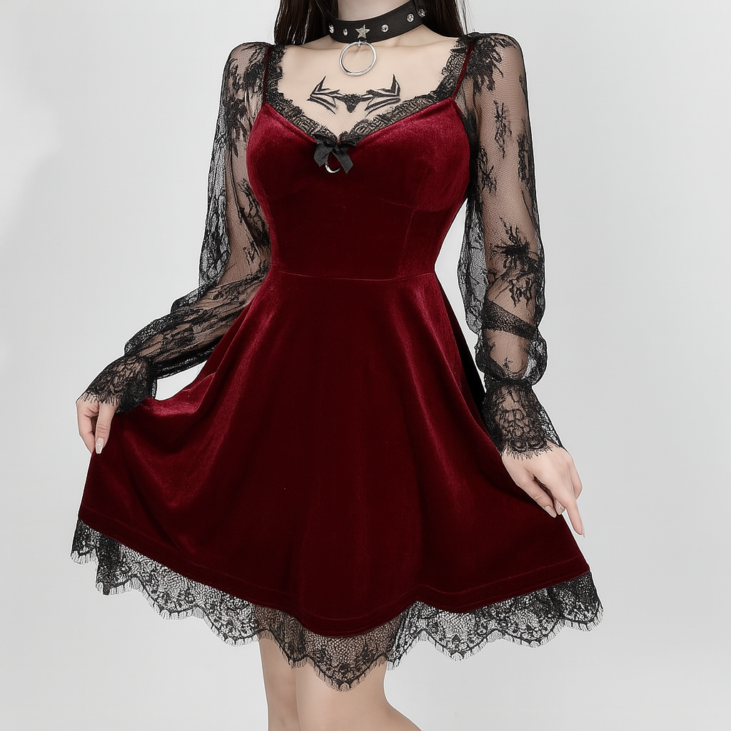 Gothic Ruffled Lace Mini Dress in Black Red and Burgundy