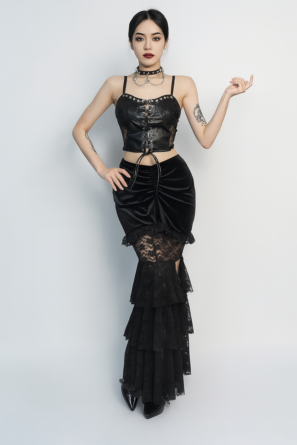 Gothic Ruffled Lace Tiered Skirt for Dark Romantic Style
