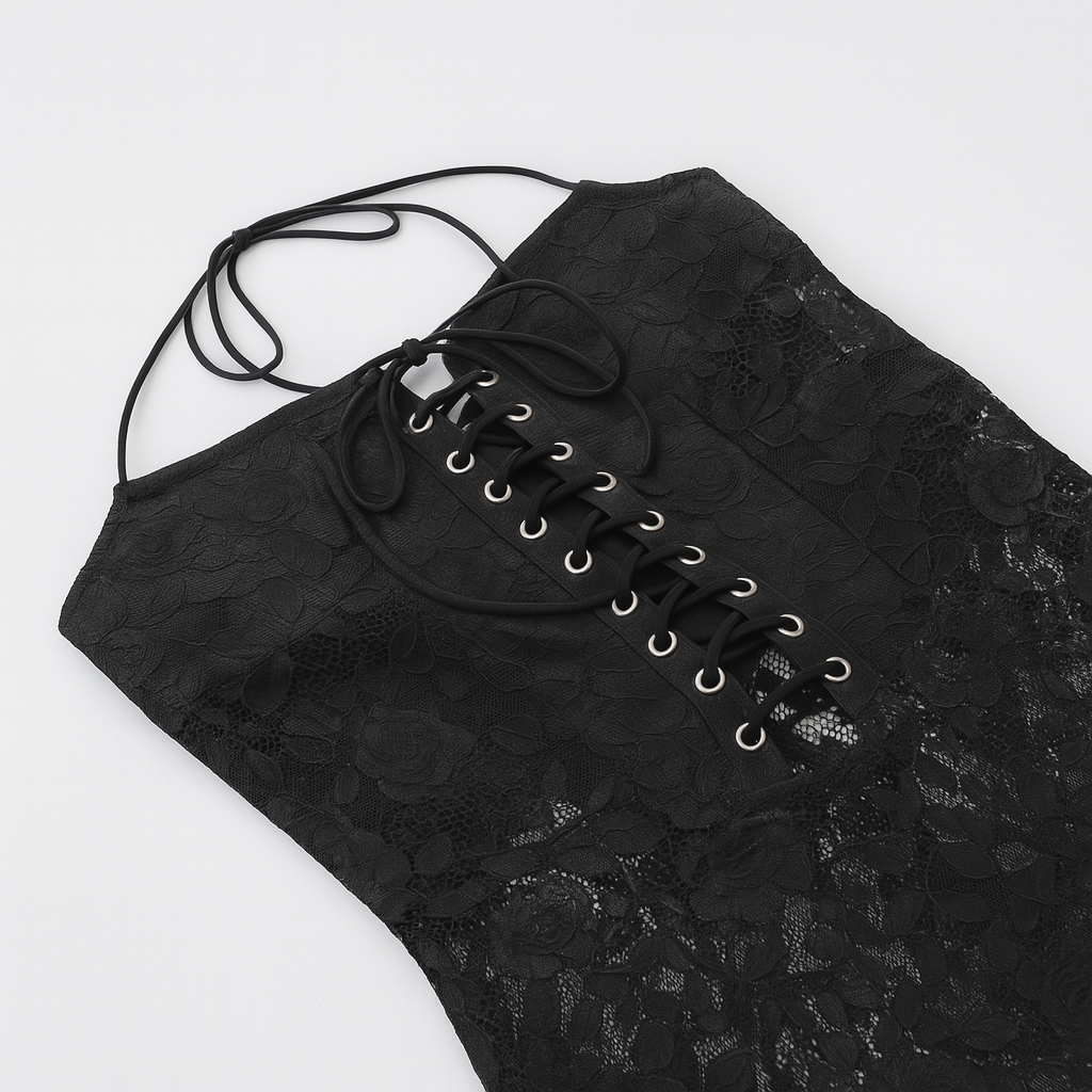 Gothic Sheer Lace Jumpsuit with Lace-Up Details