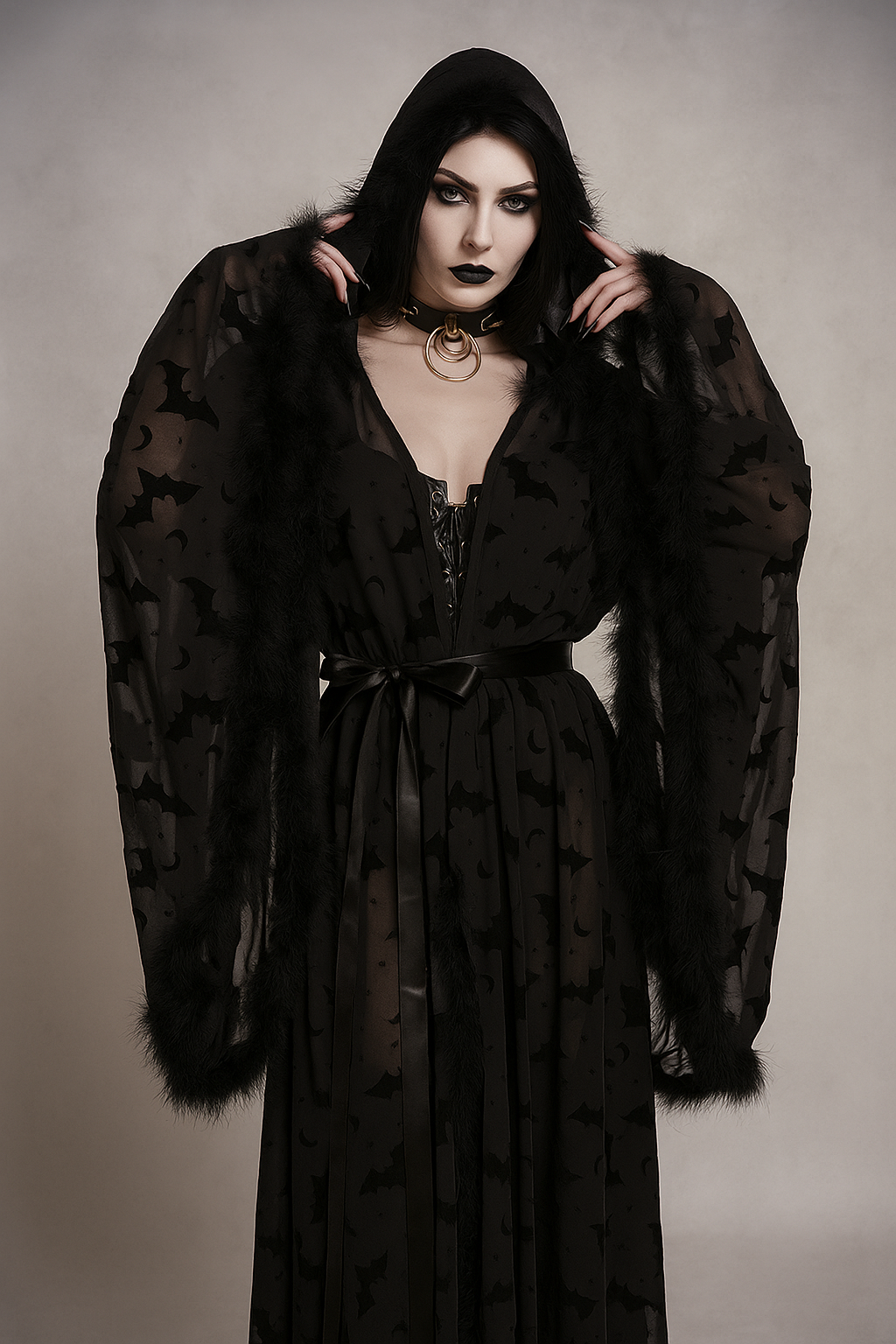 Bat Veil Gothic Sheer Cloak with Dark Floral Velvet Cape Top