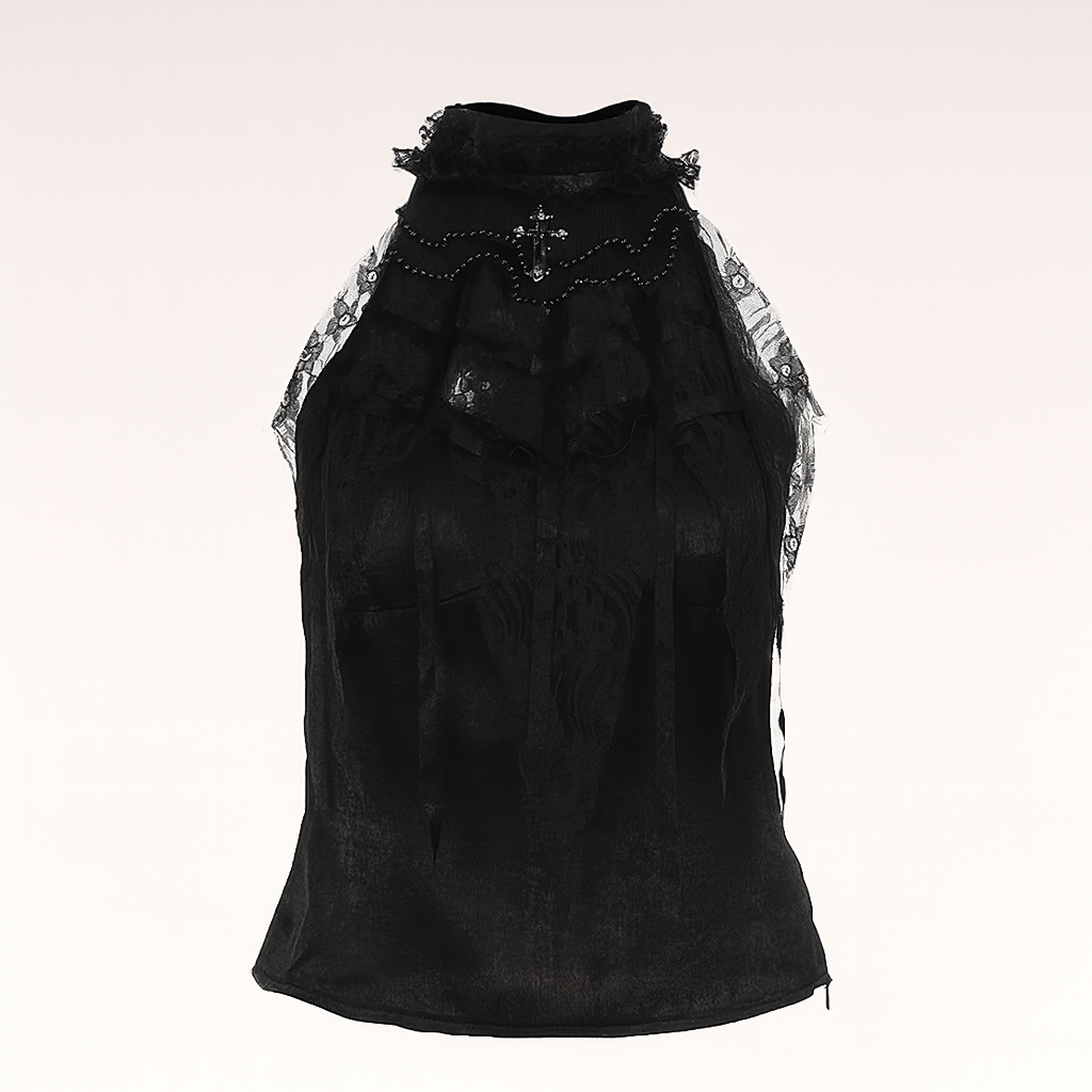 Gothic Rose Lace Halter Top with Spider Web Collar