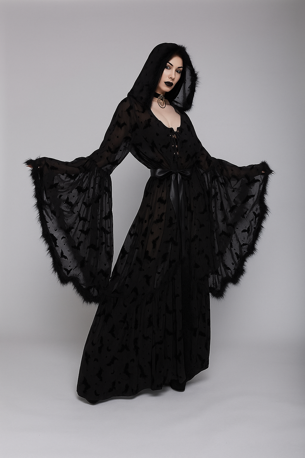 Bat Veil Gothic Sheer Cloak with Dark Floral Velvet Cape Top