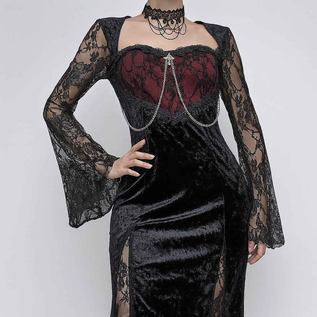 Gothic Lace Velvet Dress with High Slit and Bell Sleeves