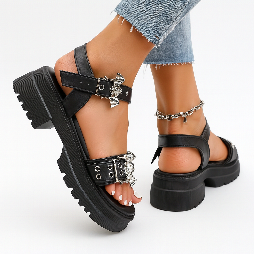 Women's Punk Style Platform Sandals - Open-Toe Cross Strap with Metallic Studs & Bat Charm Buckle, Chunky Rubber Sole, PU Cover Upper - Black Summer Party & Streetwear Footwear, Trendy Street Shoes, Metallic Embellishments, Durable Rubber Sole