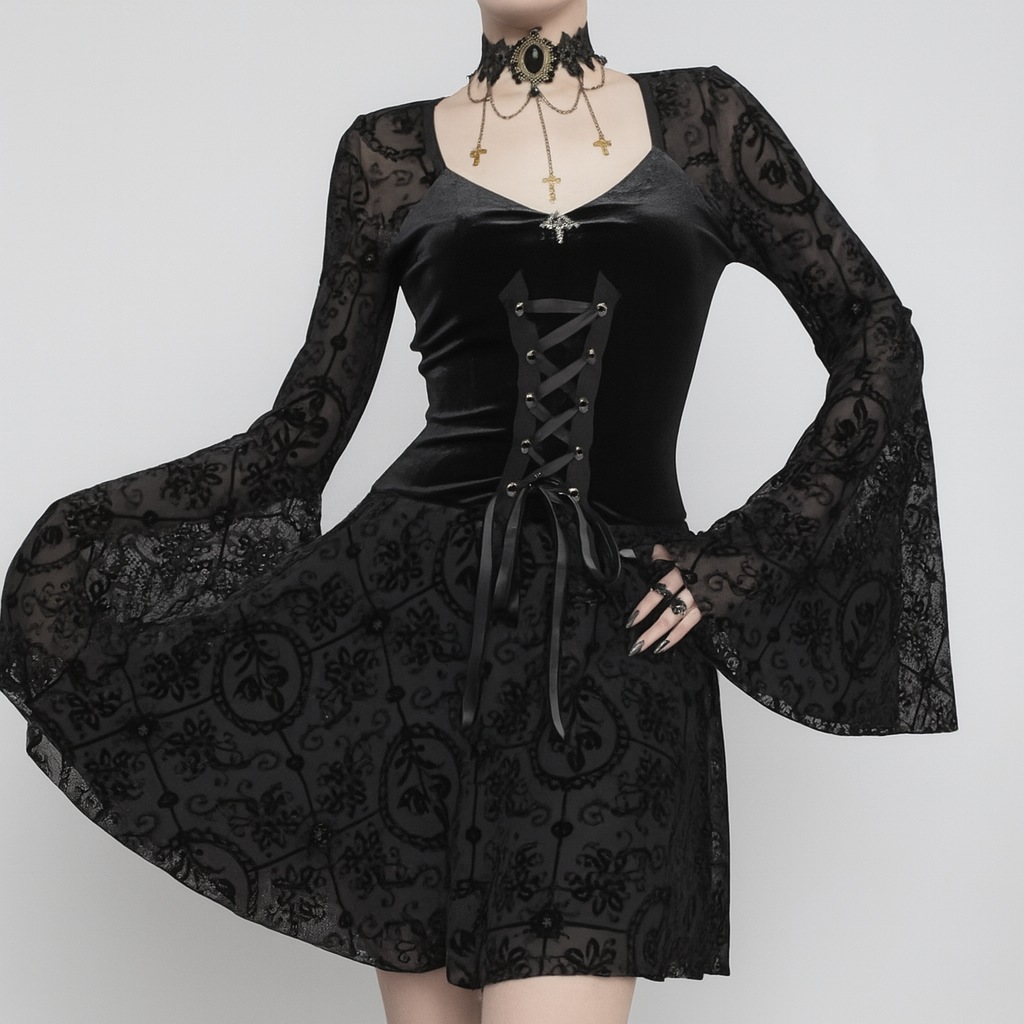 Gothic Ruffled Lace Mini Dress in Black Red and Burgundy