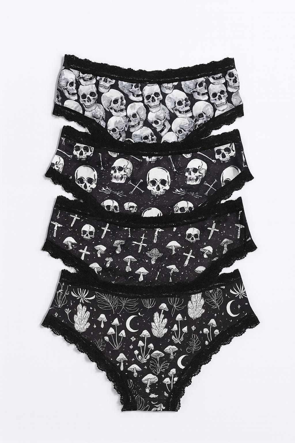 4pcs Gothic Women’s Lace Hipsters - Halloween Skull, Eyeballs, Stars & Mushrooms Allover Print Low-Rise Panties with Contrast Lace Trim, Comfy Stretch Intimates for Women