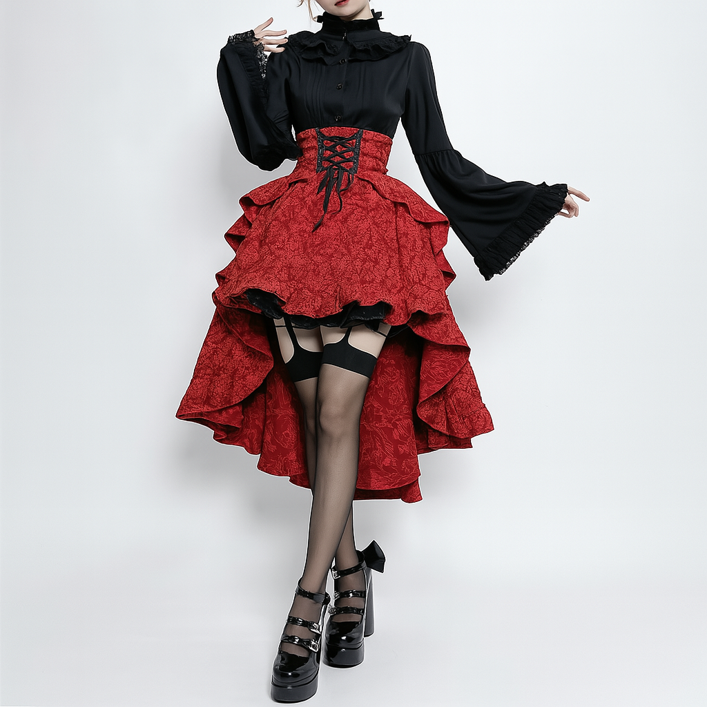 Gothic High-Waisted Lace-Up Midi Skirt in Red and Black