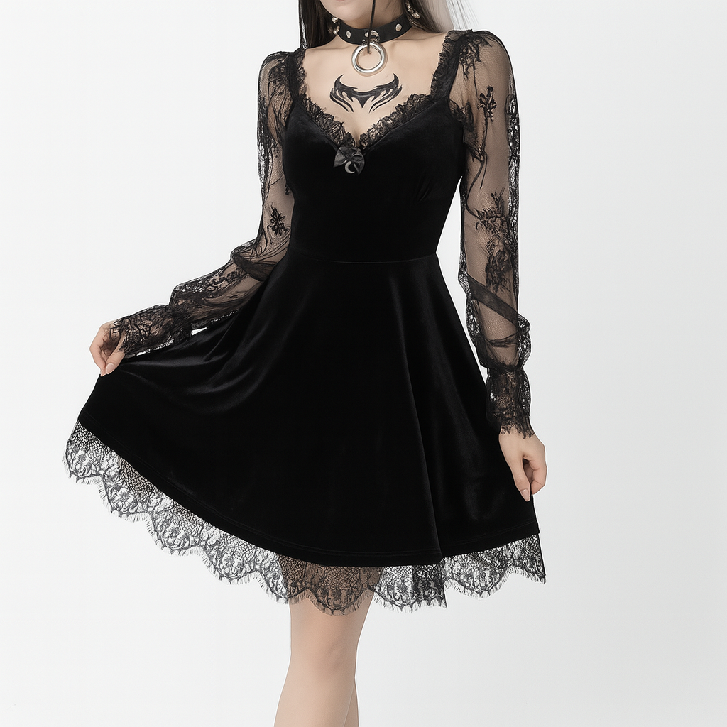 Gothic Ruffled Lace Mini Dress in Black Red and Burgundy