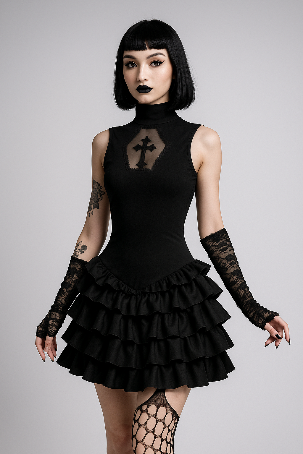 Dark Cross Lace Trim Vest Dress