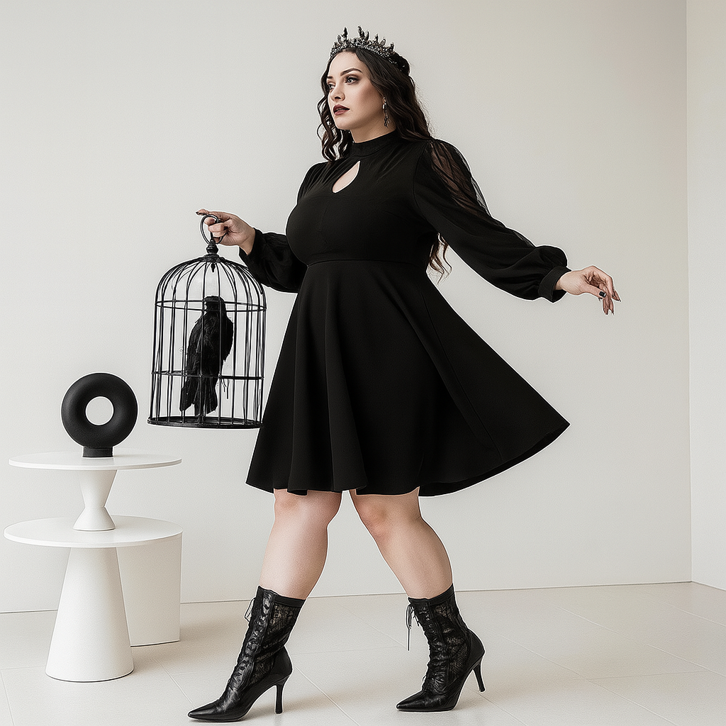 Dark Romantic A-Line Dress with Sheer Mesh Sleeves