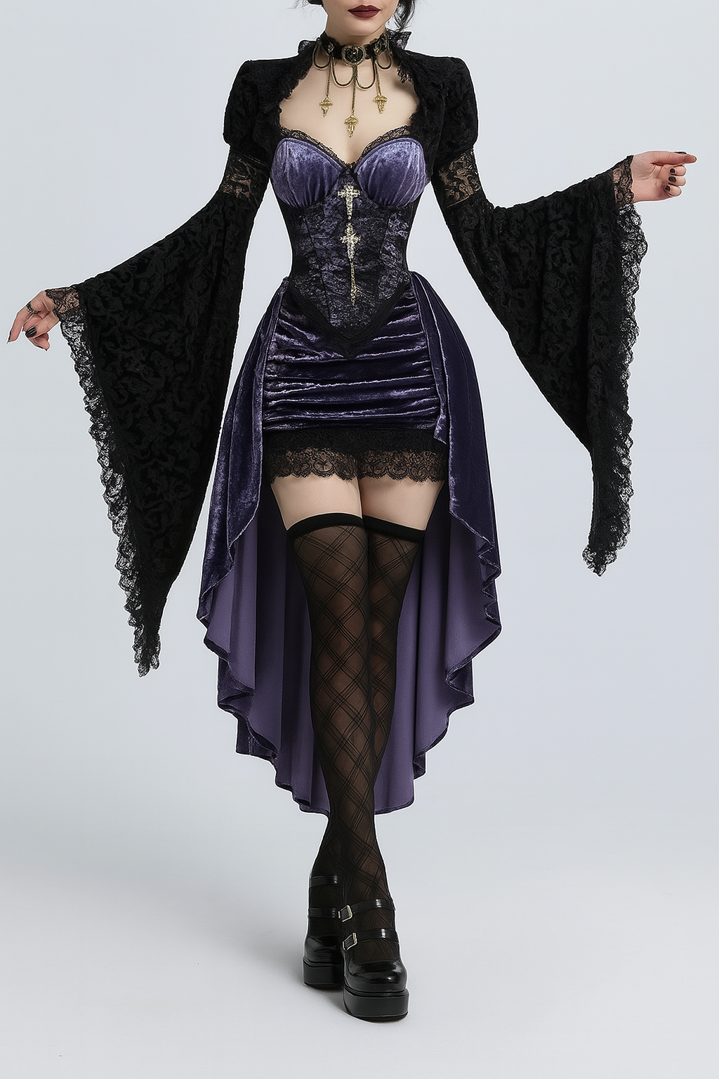 Gothic Purple High-Low Dress with Lace Accents