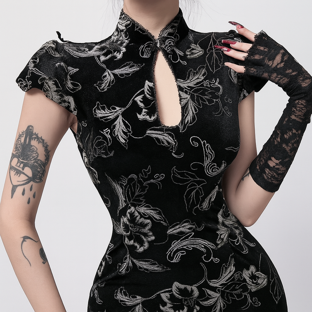 Gothic Black Floral Cut-Out Bodycon Maxi Dress