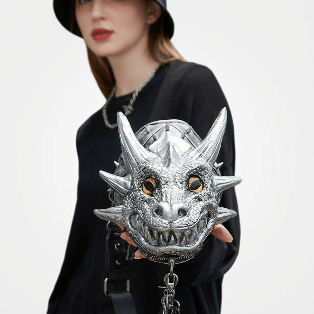 Unisex Gothic Dragon Head Crossbody Bag - Adjustable Strap, Black Silicone Shoulder Bag with Metallic Dragon Design, Perfect for Halloween & Christmas Parties, Street Style Fashion Accessory, Halloween Accessories