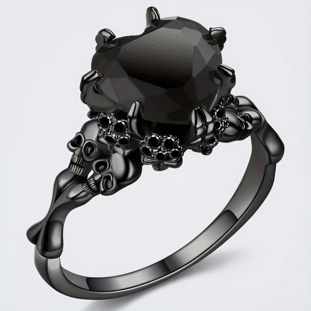 Gothic Black Double Skull Ring with Red Heart-Shaped Crystal – Vintage Women’s Jewelry for Parties, Weddings, and Casual Attire, Skull Jewelry