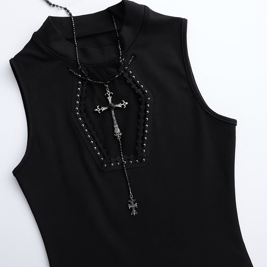Asymmetric Black Lace Halter Top with Detachable Chains
