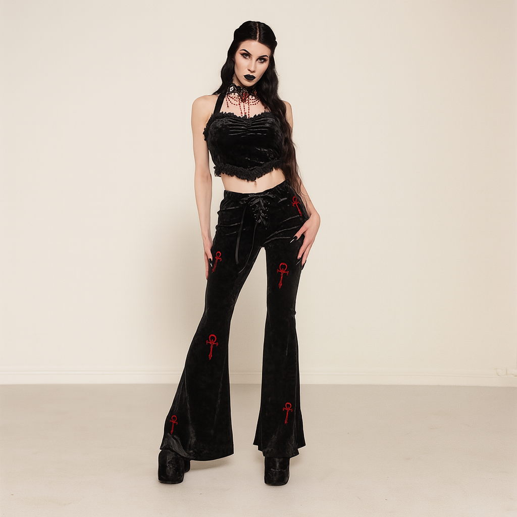 Cross Embroidered Bell-Bottom Pants for Modern Goth Fashion