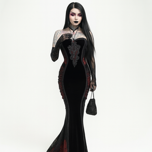 Fishtail Gothic Dress with Color Block Design and Halter Neckline