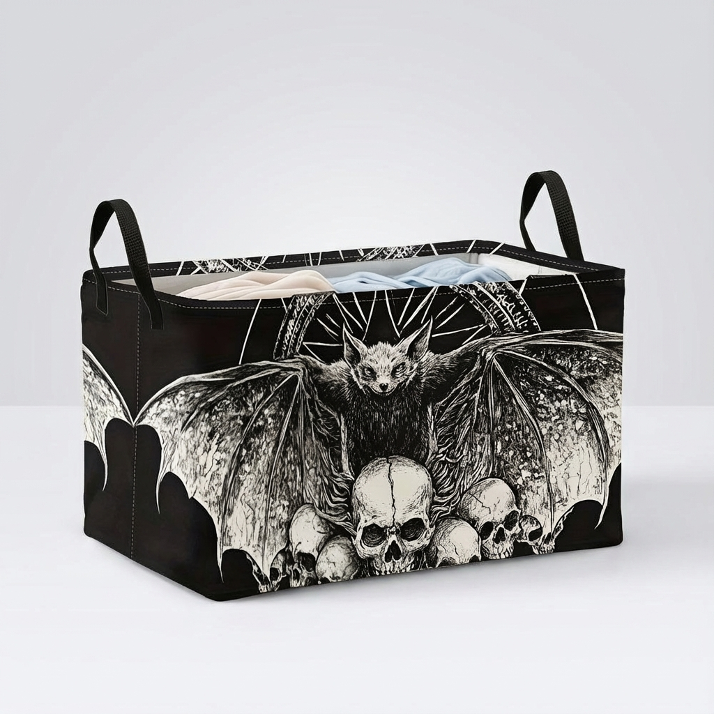 1pc Large Foldable Storage Basket - Gothic Bat & Skull Organizer, Collapsible Halloween Decor, Heavy-Duty Polyester Fabric for Candy, Dorm, Home - Spooky Gothic Home Decoration Gift, Halloween Decorations, Seasonal Organizer, Sturdy Handle Design