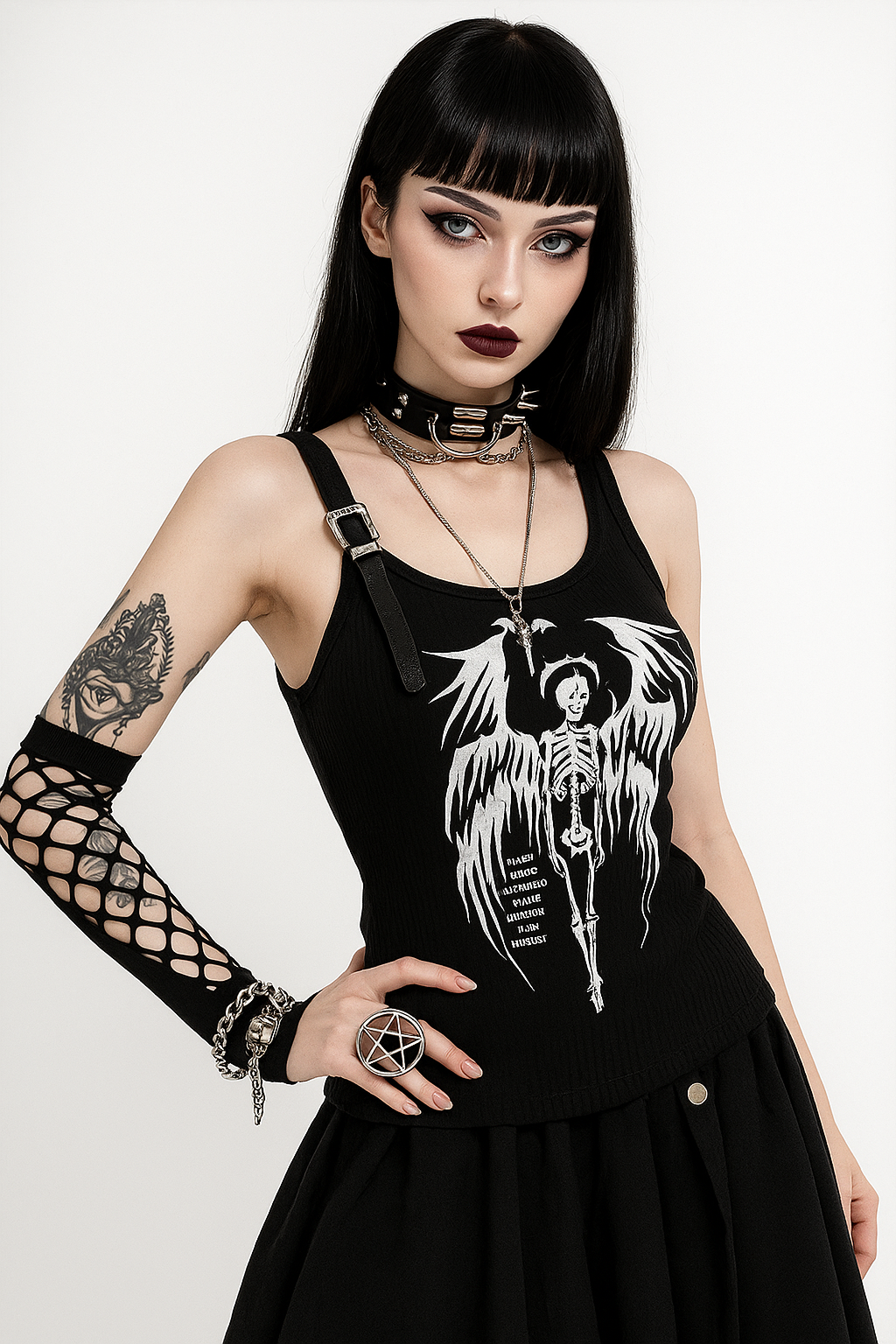 Gothic Punk Buckle Strap Crop Top with Dark Graphic Print