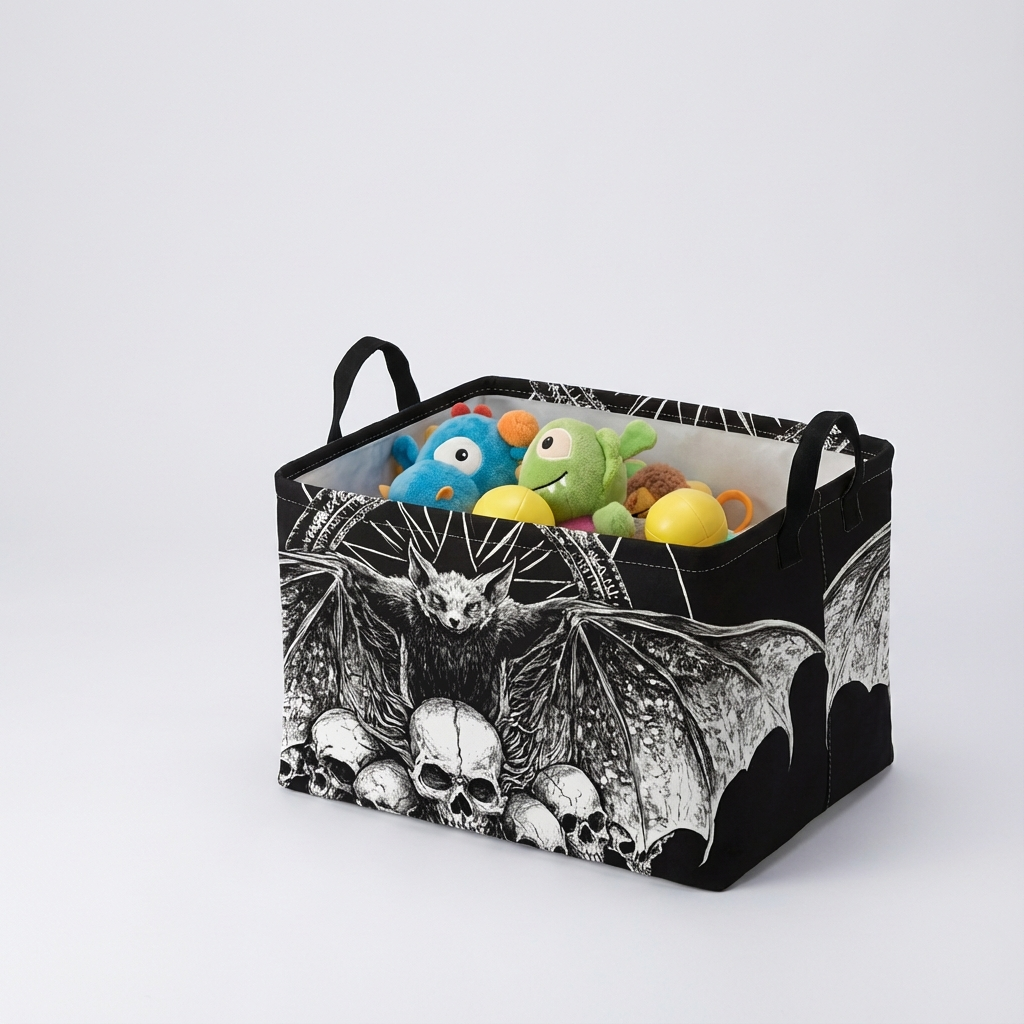 1pc Large Foldable Storage Basket - Gothic Bat & Skull Organizer, Collapsible Halloween Decor, Heavy-Duty Polyester Fabric for Candy, Dorm, Home - Spooky Gothic Home Decoration Gift, Halloween Decorations, Seasonal Organizer, Sturdy Handle Design