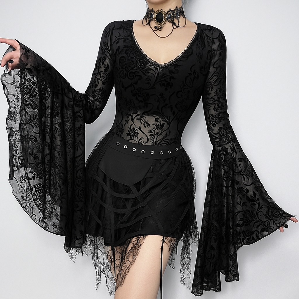 Velvet Shadow Gothic Flare Sleeve Top