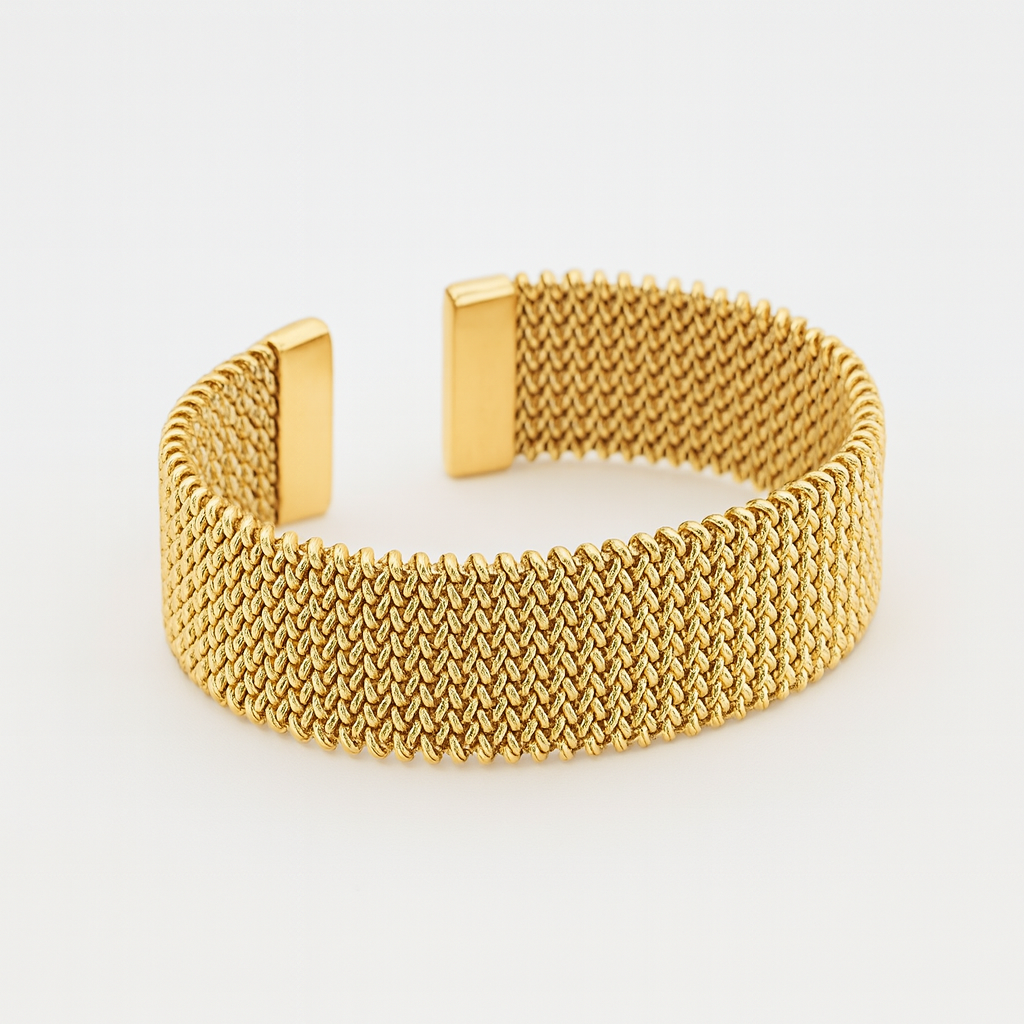 Trendy New Woven Stainless Steel Bracelet With A Golden Touch. Fashionable Accessory In Versatile Golden Tone.