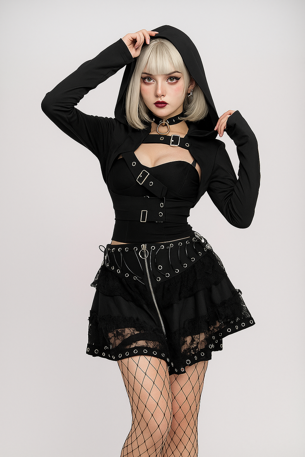 Gothic Street Style Hooded Jacket with Edgy Buckle Detail