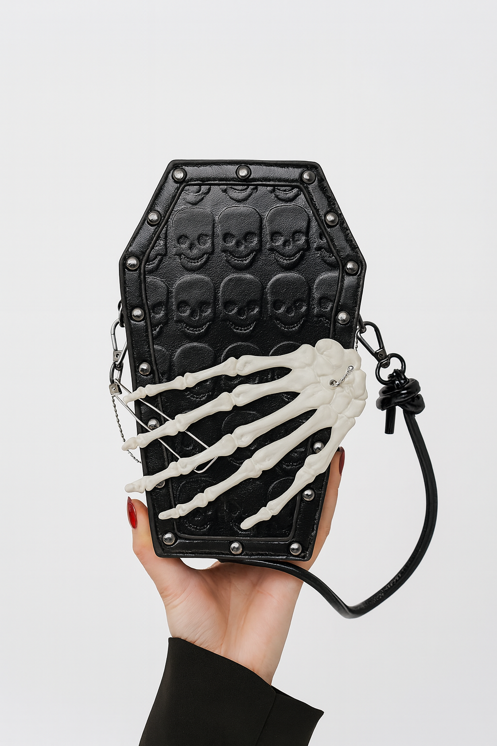 Gothic Skeleton Crossbody Bag, Shoulder Messenger with Zipper Closure, Polyester Lined, Edge Paint Detail, Solid Color, Fashionable for Halloween Horror Theme Events