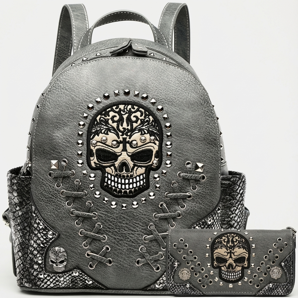 Gothic Skull Women Backpack with Matching Wallet Set
