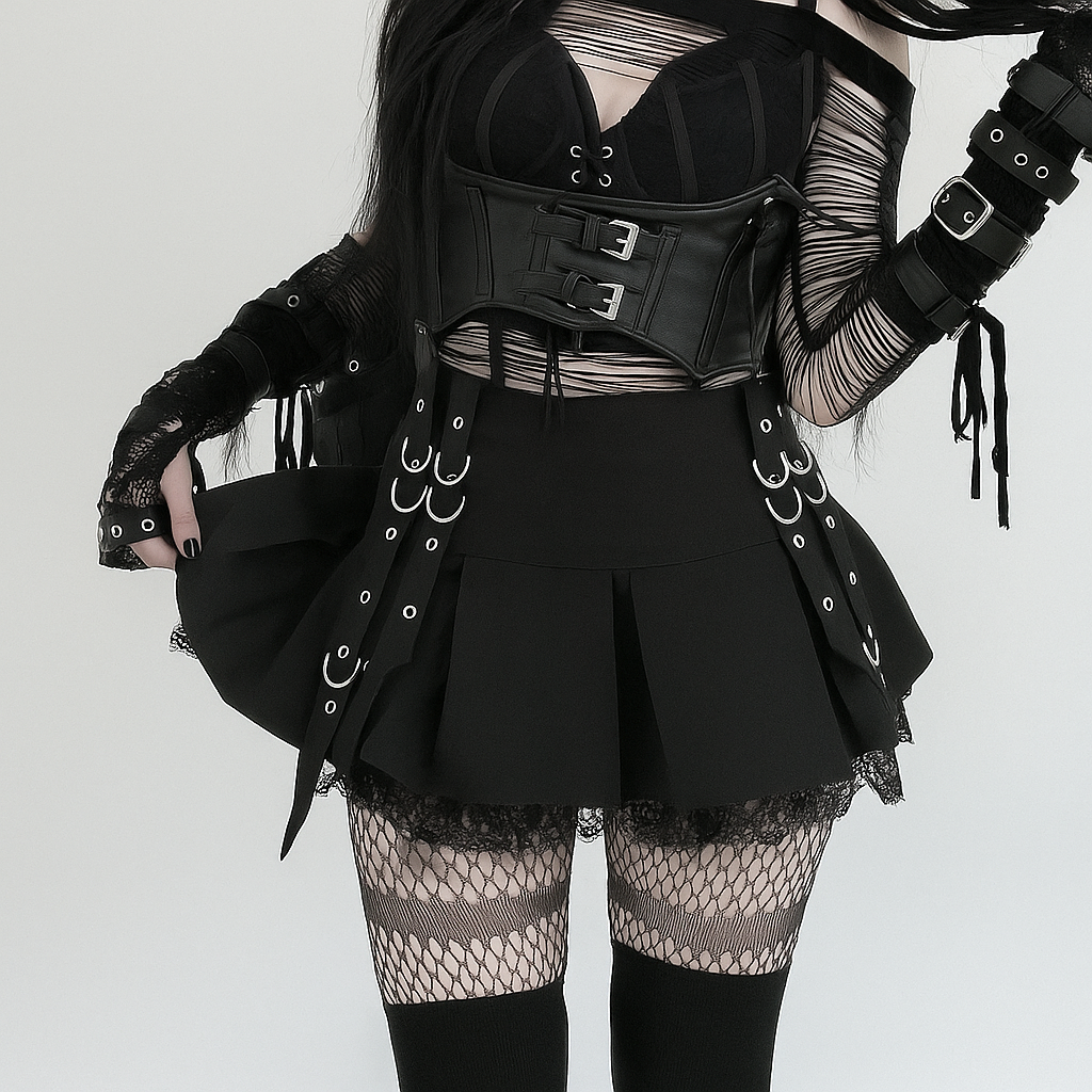 Gothic Black Pleated Mini Skirt with Irregular Strap Design