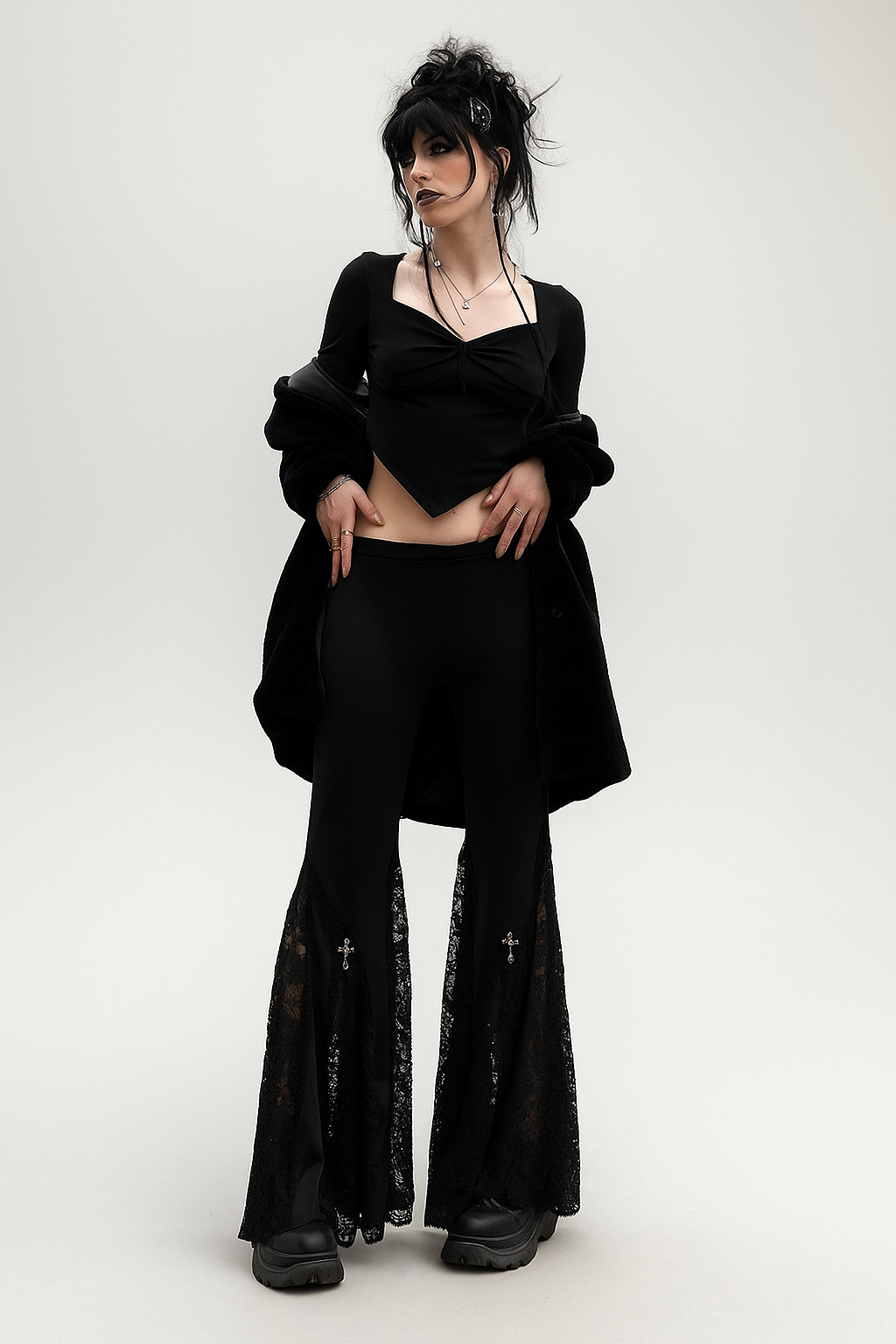 Gothic High Waist Lace Flare Pants with Cut-Outs for Alternative Fashion