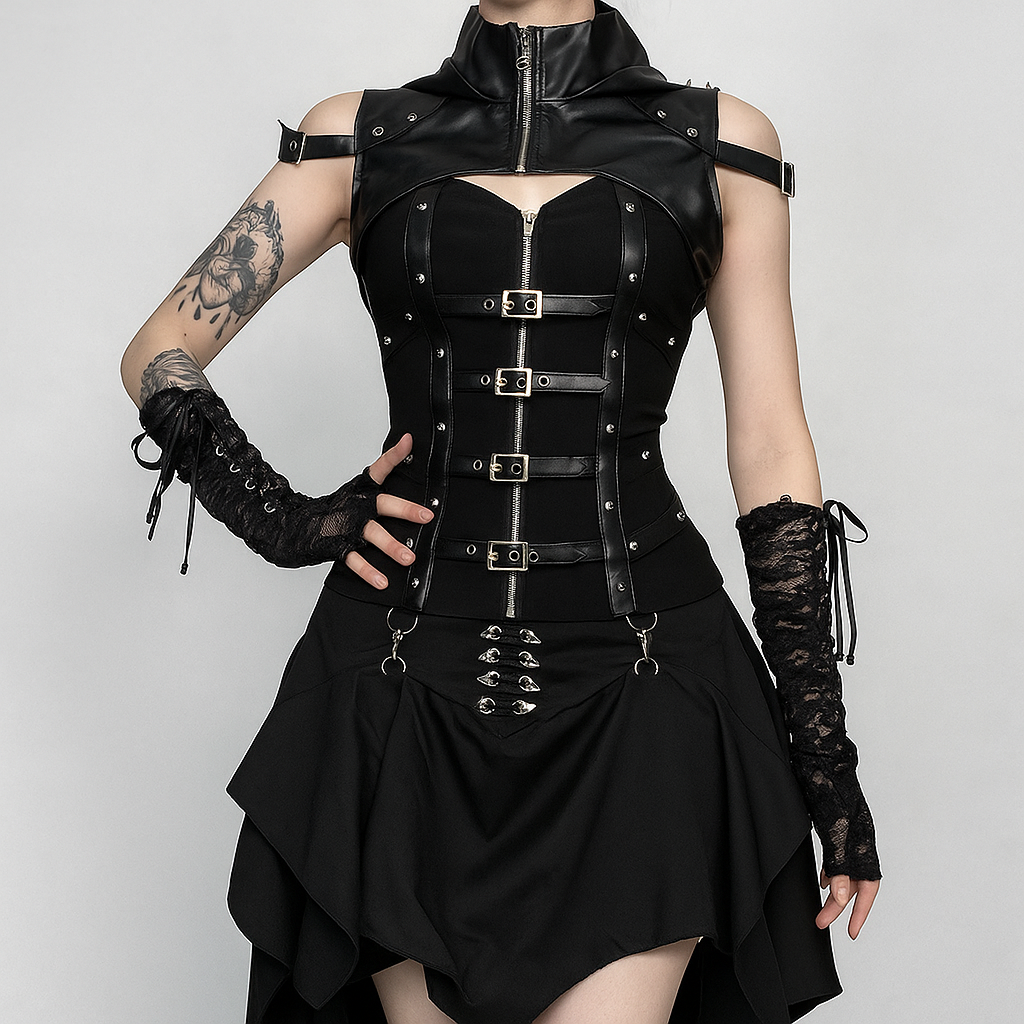 Cyber Widow Hood Gothic PU Leather Sleeveless Hoodie