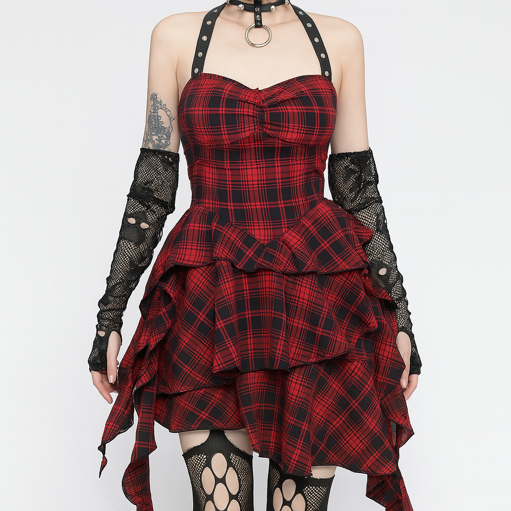 Red Plaid Goth Halter Dress With Asymmetrical Hemline