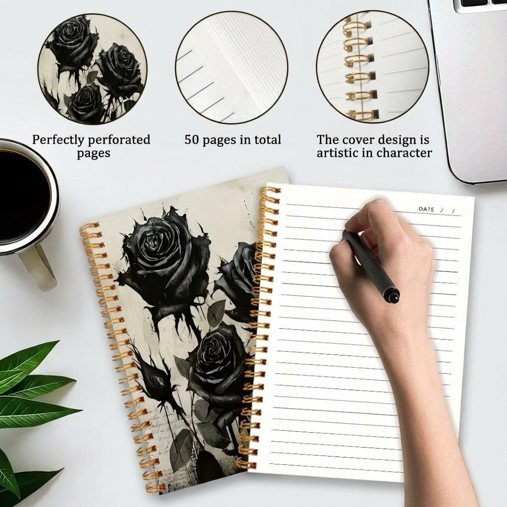 1pc Black Roses Notebook with Spiral Binding – Artistic Gothic Design, 5.5x8.3in, 50 Pages – Perfect for Writing, Journaling, and Unique Gift Ideas