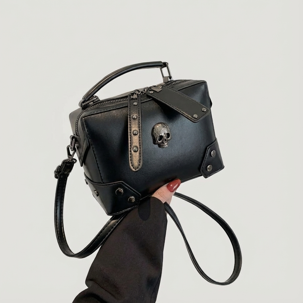 Skull Cross Punk Motorcycle Rivet Handbag Fashion Single Shoulder Crossbody Square Cosmetic Bag Suitable for Women's Daily Use Dating Gift