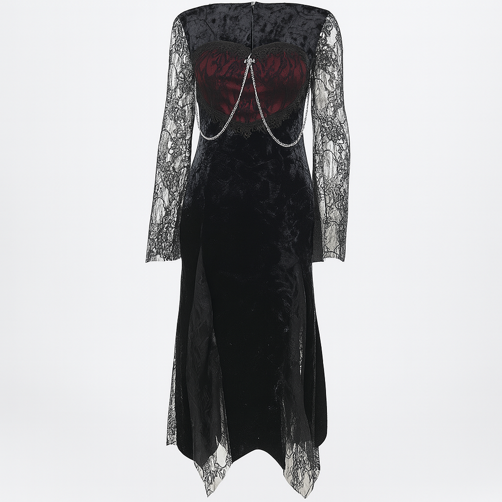 Gothic Lace Velvet Dress with High Slit and Bell Sleeves