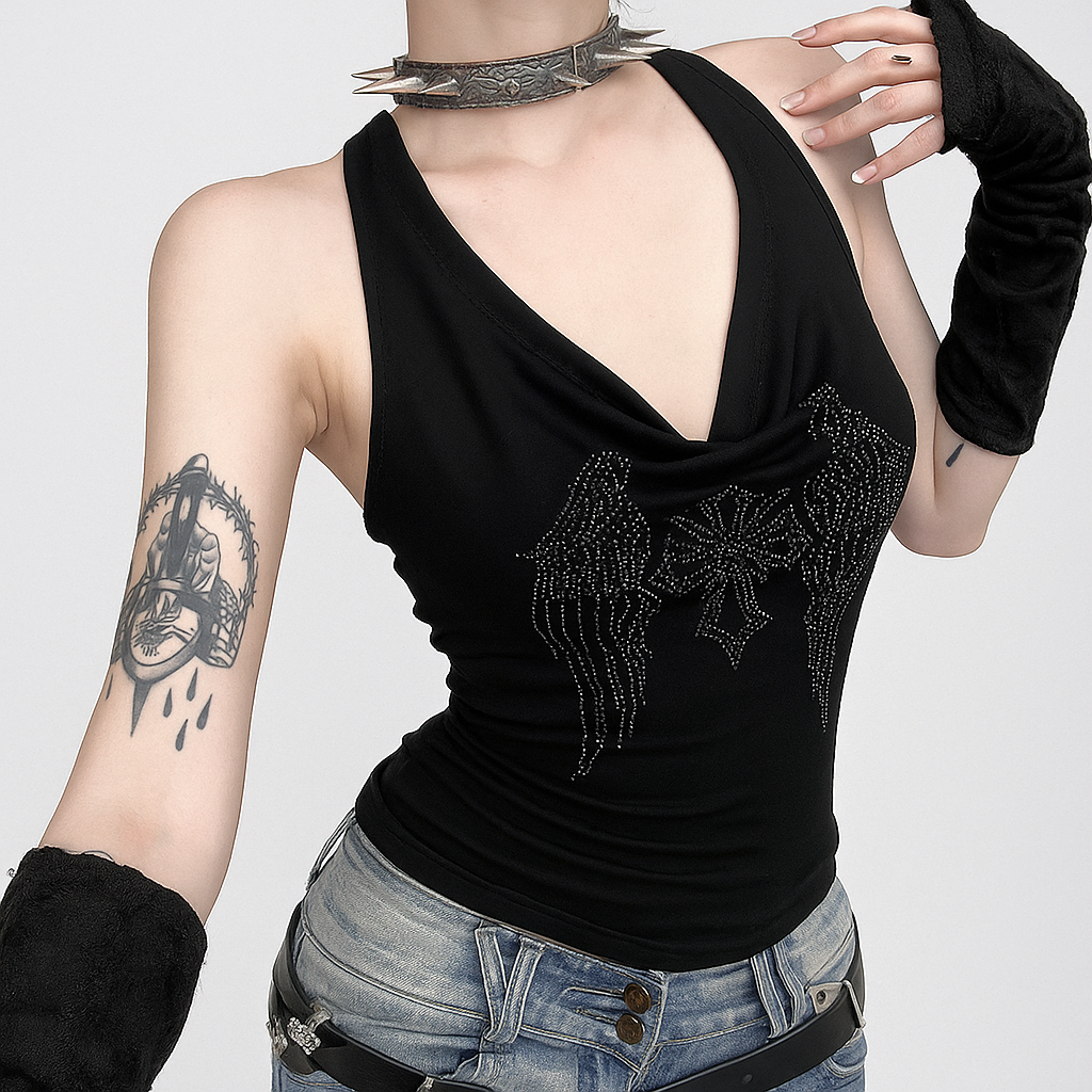 Dark Cross Crystal Backless Tank Top