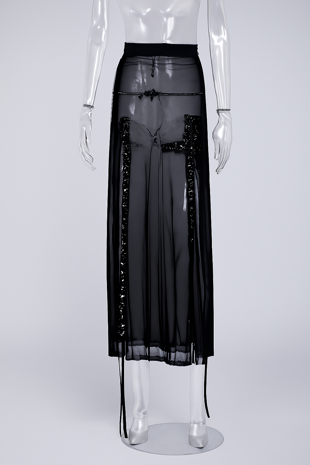 Black Lace Maxi Skirt with Sheer Design and Witchy Style