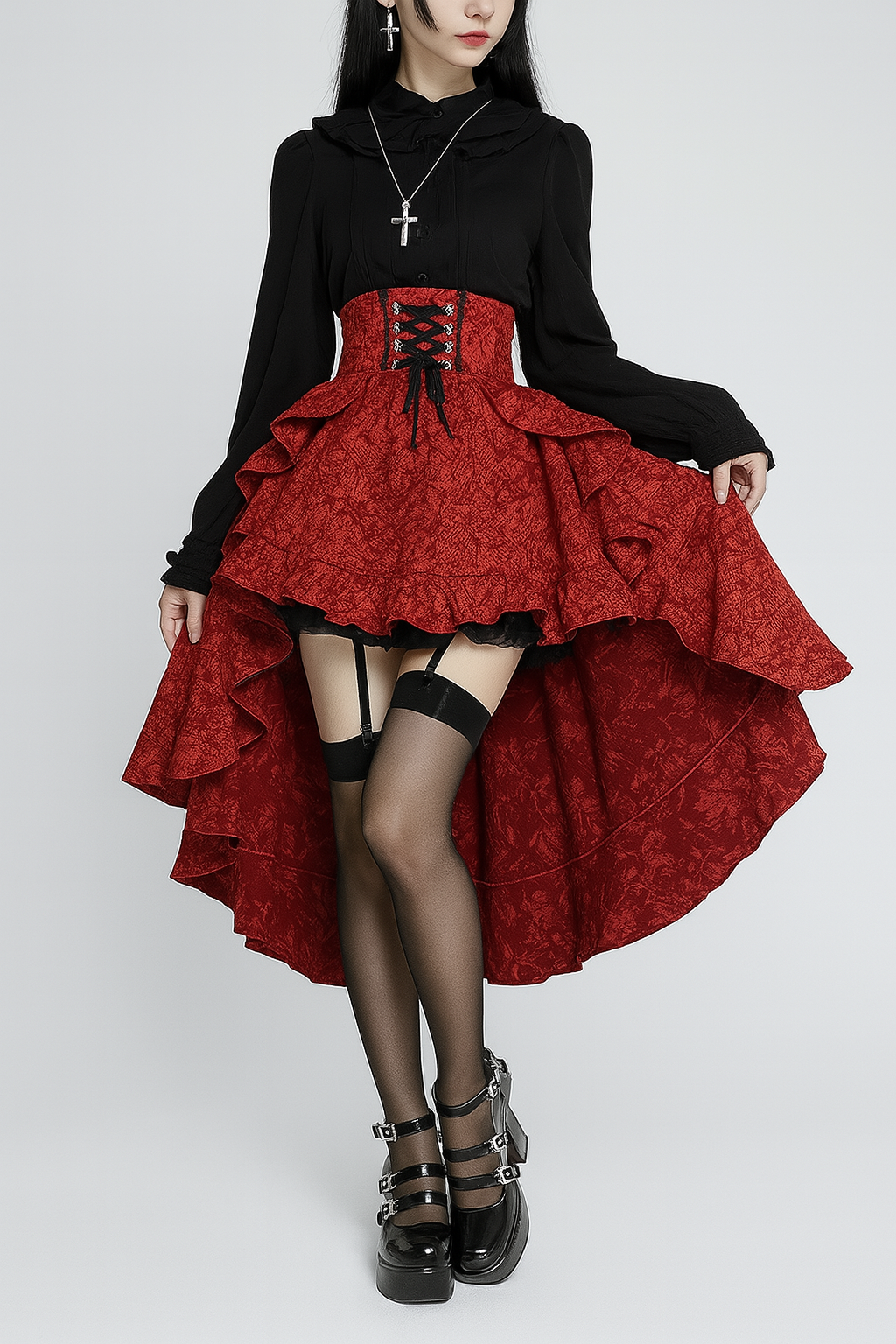 Gothic High-Waisted Lace-Up Midi Skirt in Red and Black