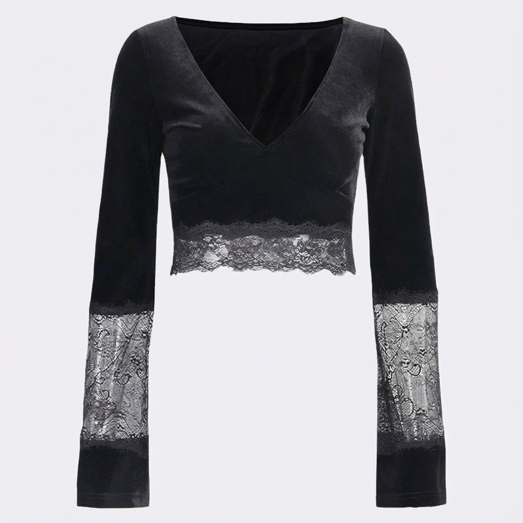 Gothic Lace Velvet Dress with High Slit and Bell Sleeves