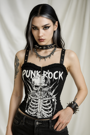 Gothic Black Print Studded Strap Crop Tank with Zipper