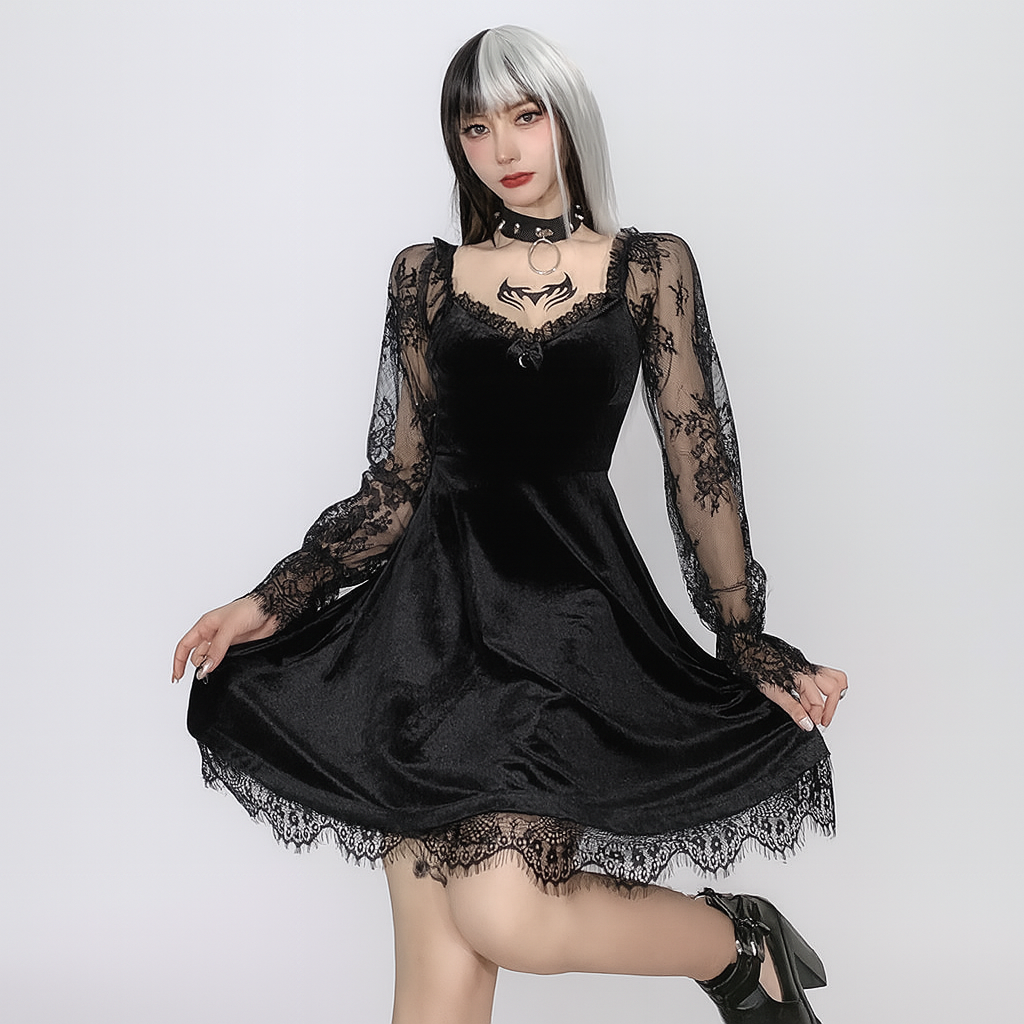 Gothic Ruffled Lace Mini Dress in Black Red and Burgundy