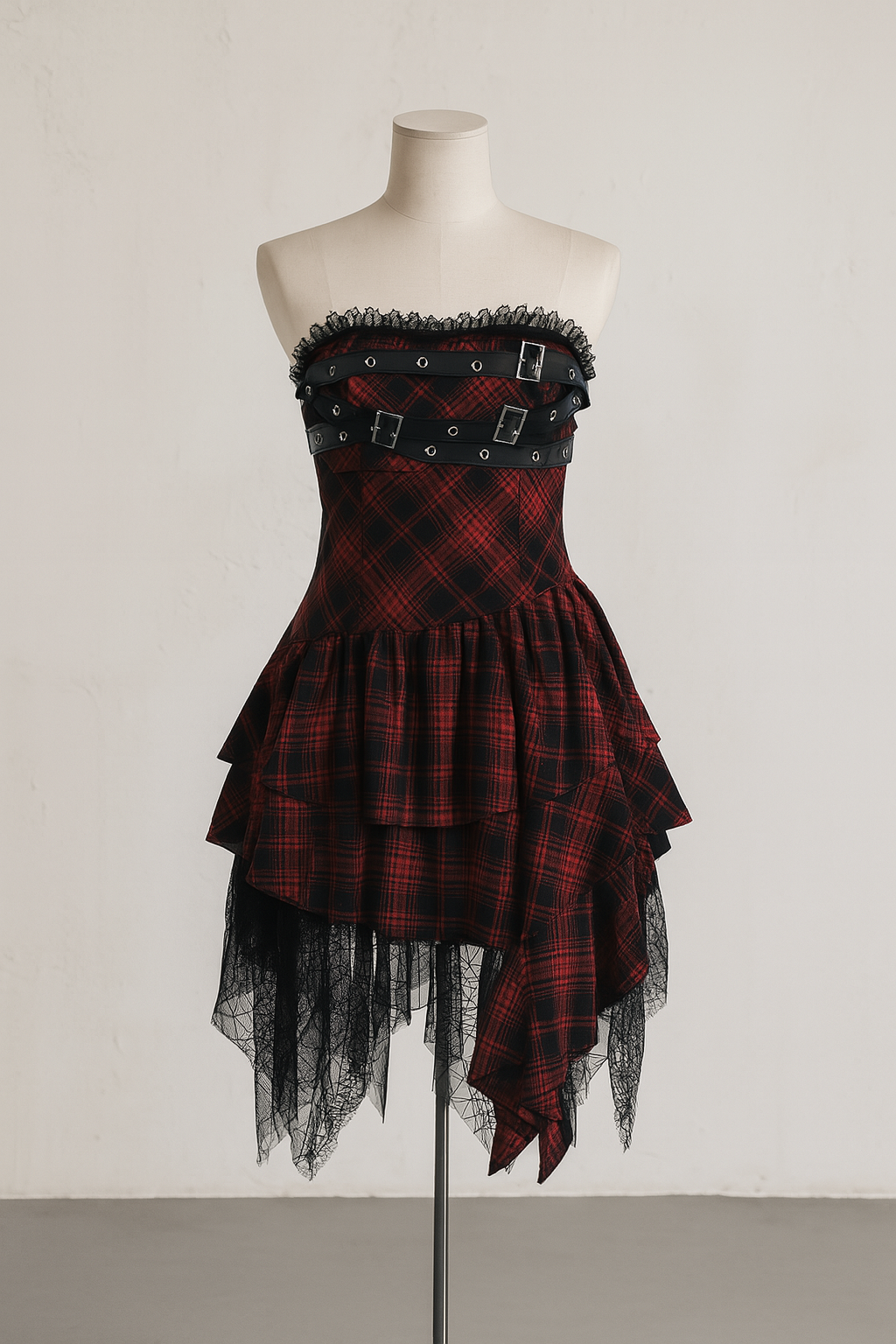 Gothic Red Checkered Strapless Dress with Fishnet Overlay