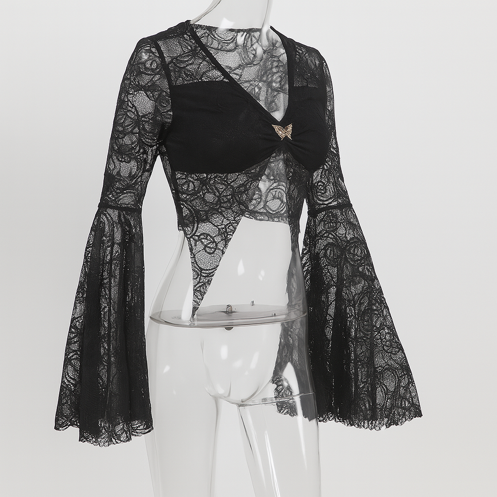 Occult Luxury Lace Crop Top with Flared Sleeves