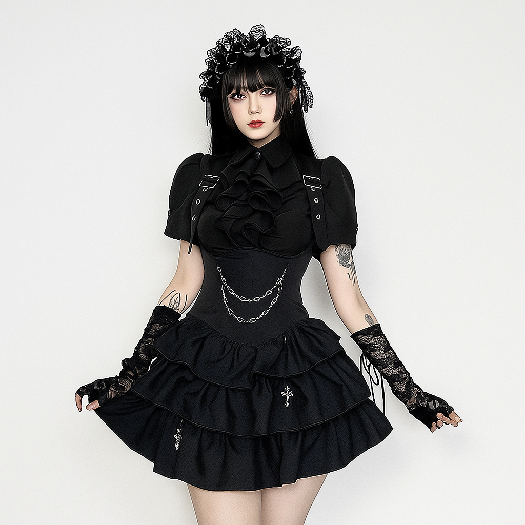 Gothic Ruffle Strap Mini Dress with Dark Puff Skirt and U-Neckline