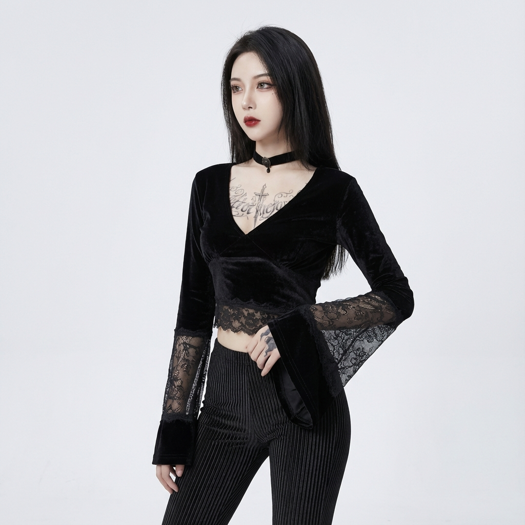 Gothic Lace Velvet Dress with High Slit and Bell Sleeves