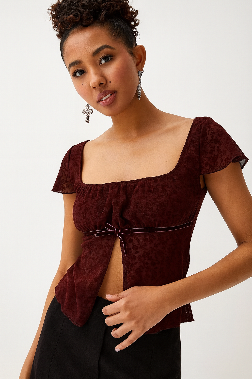 Gothic Red Crop Top with Square Neck and Side Slit