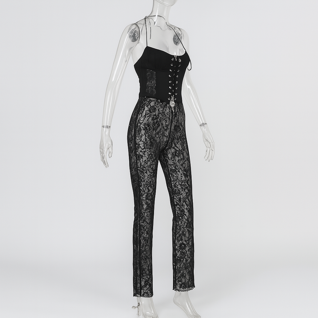 Gothic Sheer Lace Jumpsuit with Lace-Up Details