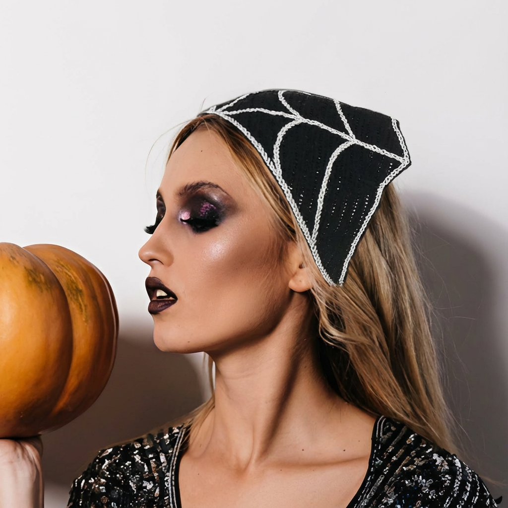 2pcs Gothic Black Skull & Spider Web Crochet Hair Accessories - Black Lace Headbands with Ribbon Bow, Perfect for Halloween & Gothic Fashion, Halloween Hair Decor | Skull Design | Texture