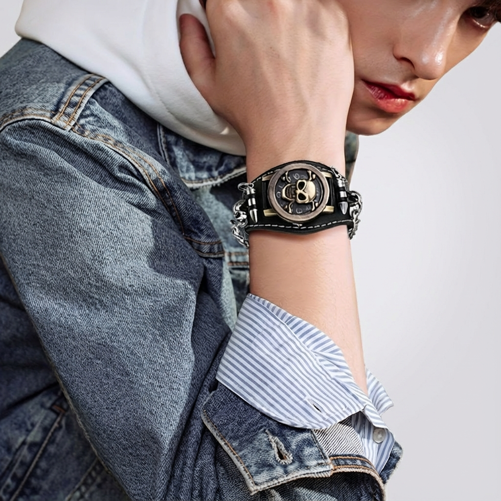 Men's Gothic Punk Skull Watch with Chain - Large Black Wide Cuff Analog Quartz Wristwatch, Golden-Tone Hands & Roman Numerals, Battery-Powered, Durable Metal Construction for Halloween, Valentine's Day & Casual Attire - Edgy Statement Accessory for Men